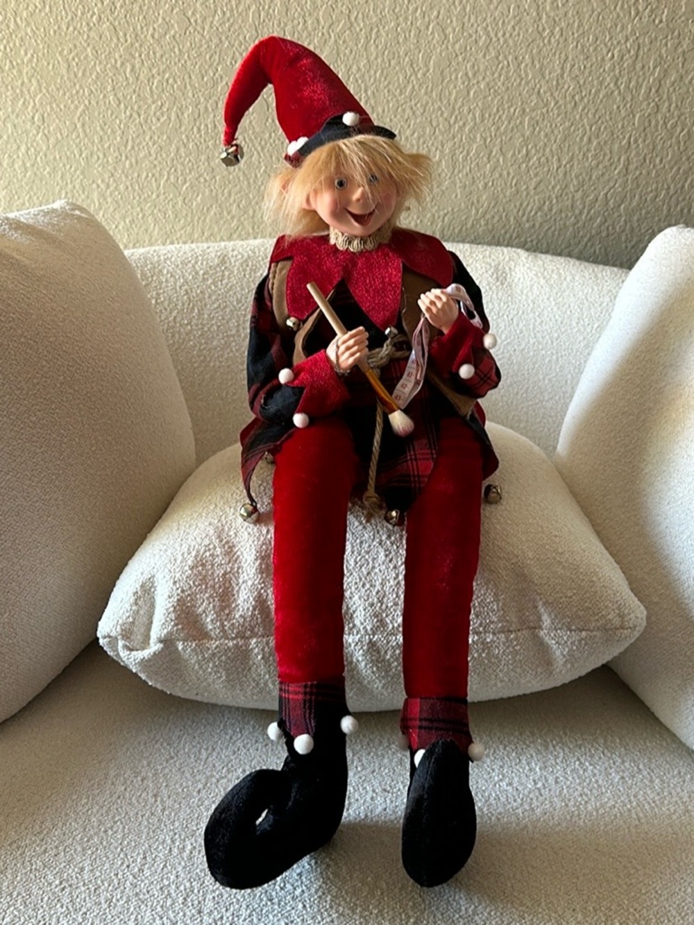 Christmas elf shelf sitter very tall posable jingle bells, pom-poms, red, green